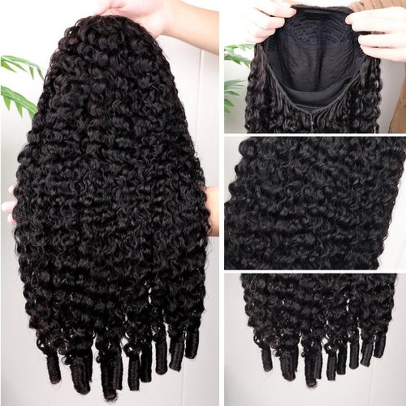 PERISMODA Burmese Curly Half Wig Glueless Wigs Human Hair with Spiral Curly End 200% Density 3 IN 1 Kinky Curly Human Hair Half Wig With Drawstring Seamless Clip Ins Flip Over Natural Color 18 Inch