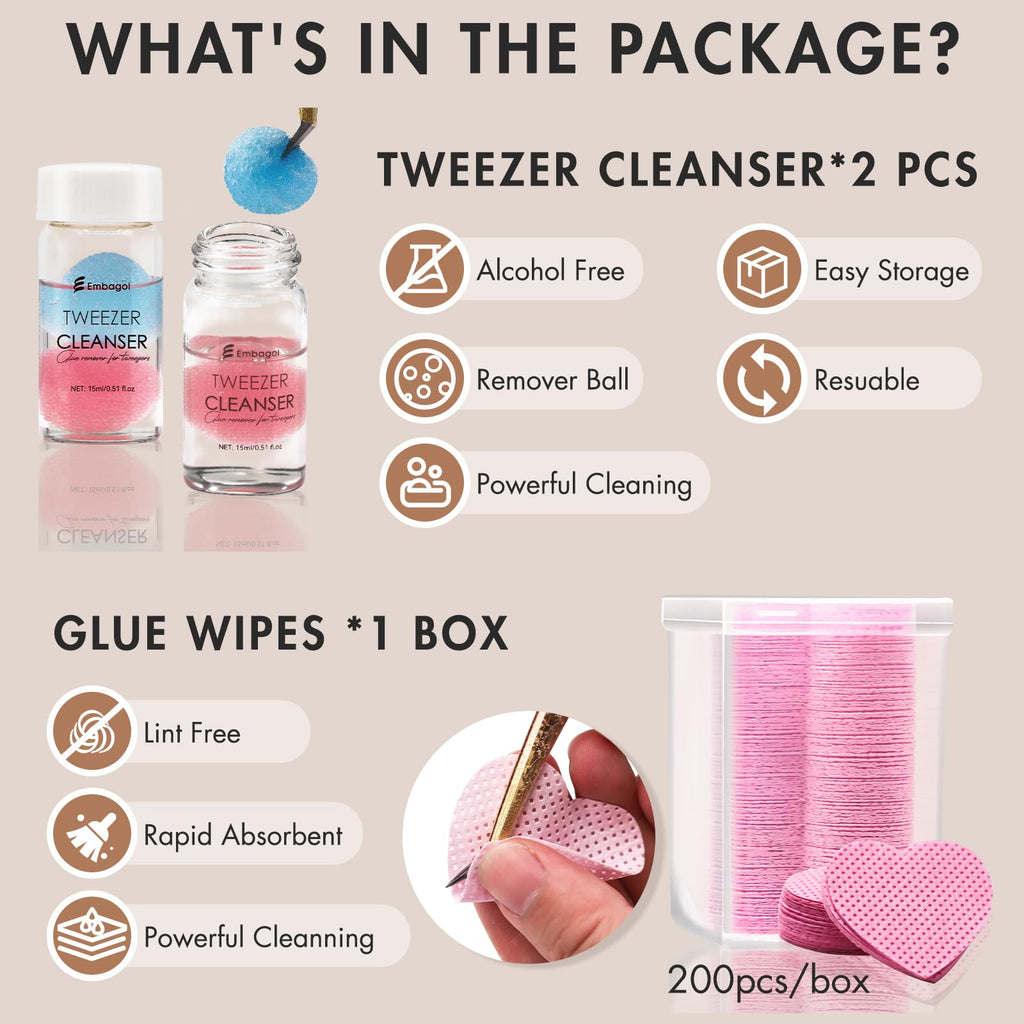 Embagol Tweezer Cleanser for Eyelash Extensions with Nail Wipes Lint Free Glue wipes Tweezers Glue Remover Liquid for Lash Tools with 2 Spongeballs Kit(2 Bottles Cleanser+1 Glue Wipes)
