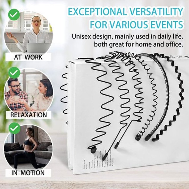 KELUBATU Metal Headband for Men, Unisex Black Wavy Spring Hair Band, Zig Zag Head Band, Fashion Elastic Hair Accessories, Multipack Options Available(8pcs)