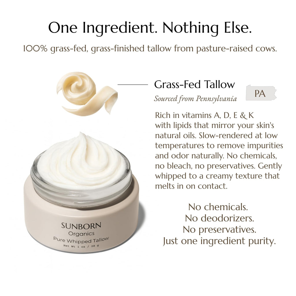 Sunborn Organics Pure Whipped Tallow Balm | 100% Organic Grass-Fed Beef Tallow Face Moisturizer & Lip Balm (4oz, Vanilla Hint)