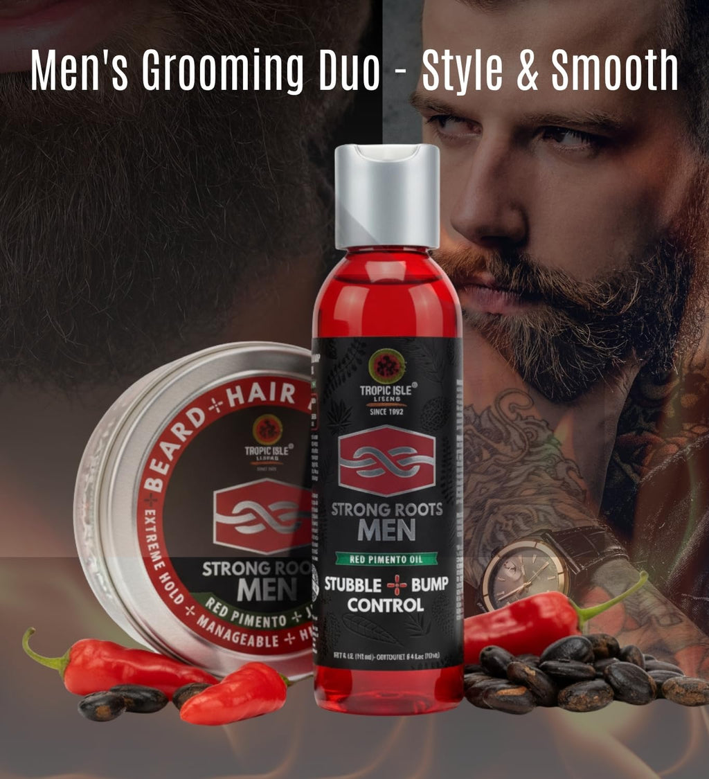 Tropic Isle Living Strong Roots Men Stubble + Bump Control 4 oz and Beard Pomade 4 oz Smooths, Conditions, and Styles for Grooming – Gift Set (2 Items)