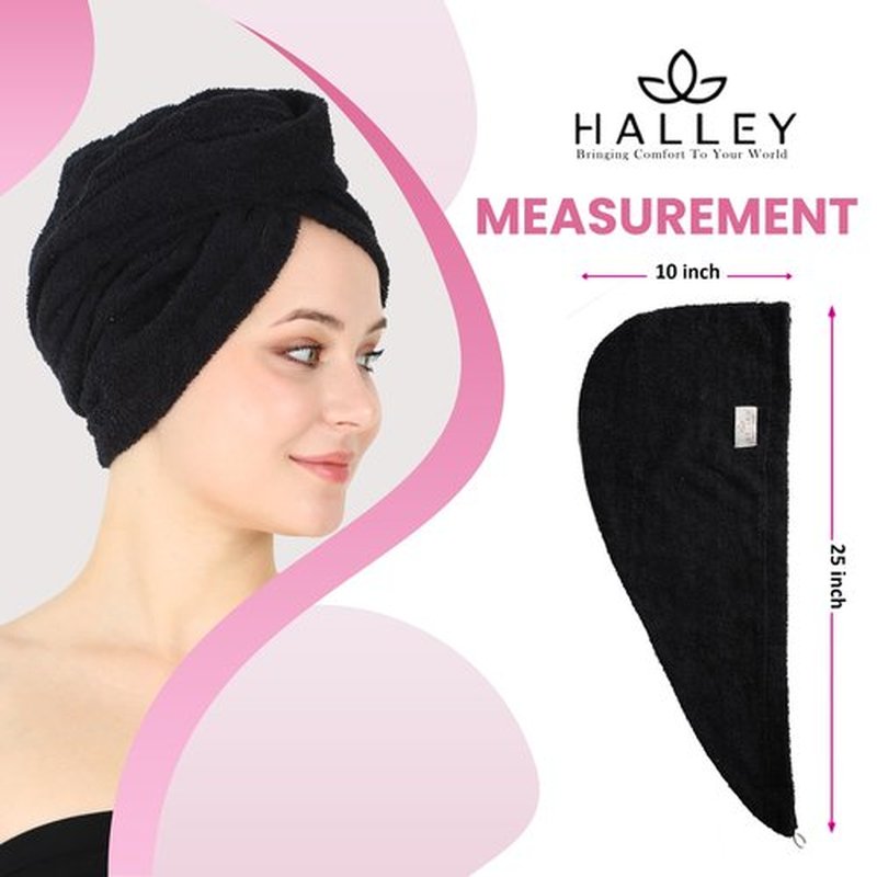 HALLEY Cotton Hair Towel Wrap (3 Packs) Super Absorbent Fast Drying Turbans for Thick, Wet Hair with Button (Black)