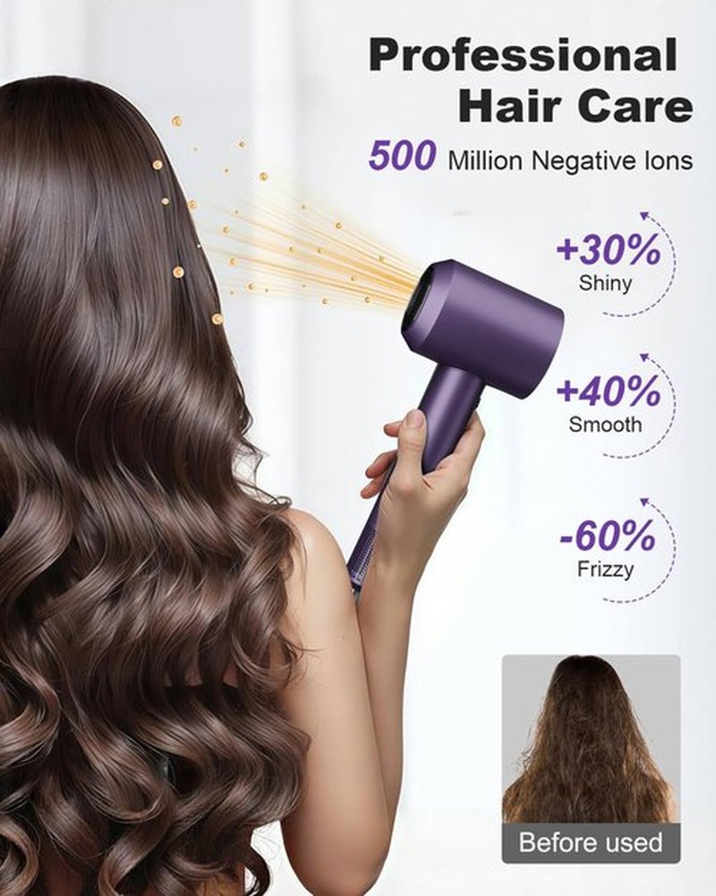 7MAGIC High-Speed Hair Dryer, 110,000RPM Brushless Motor for Fast Drying, 1400W Blow Dryer with Tri-Colour LED Light Ring, Low Noise Ionic Hair Dryer for Home and Travel, Magnetic Nozzle, Purple