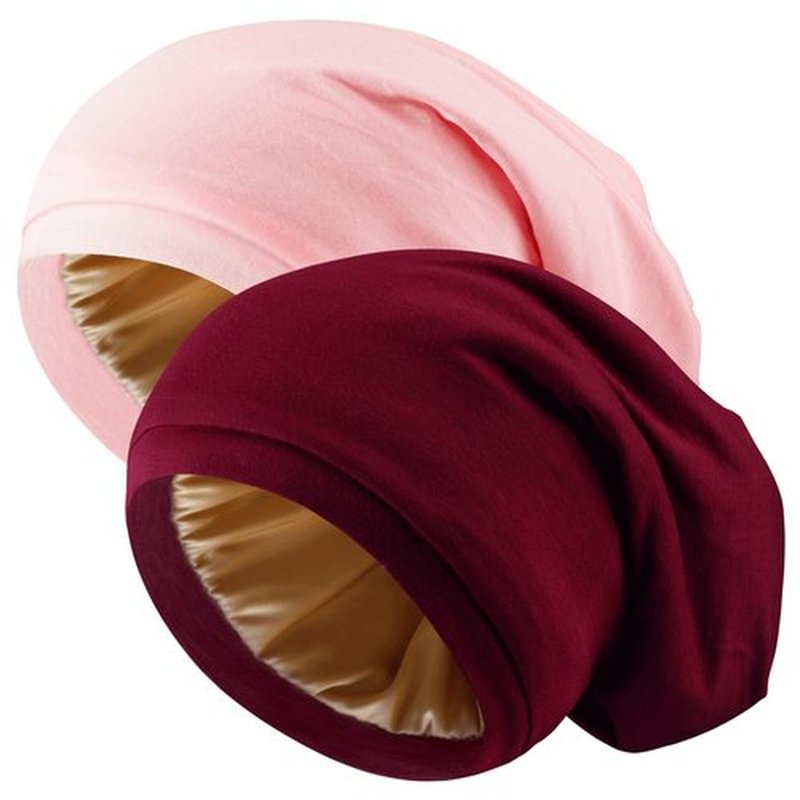 NICPOO Silk Satin Bonnet Hair Wrap for Sleeping, 2 Pcs Adjustable Silk Bonnets for Women Men Sleep Cap Silk Lined Slouchy with Adjustable Strap Curly Hair Head Scarf Night Caps（Red & Pink）