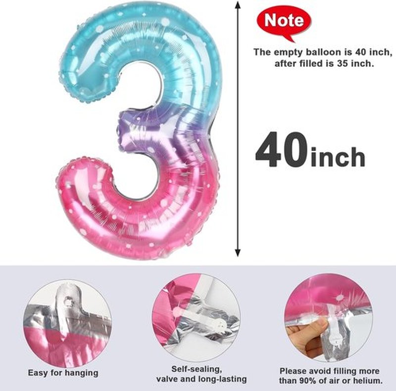 Numbers Balloon - 40 Inch Large Pink, Purple & Blue Balloon for 3rd Birthday Decor | Party Decorations