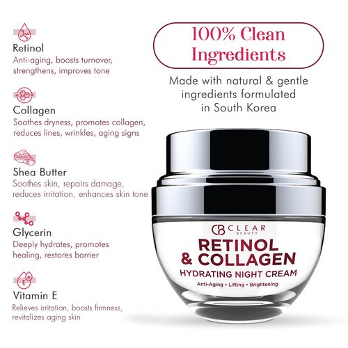 Clear Beauty Collagen & Retinol Night Cream - Firms, Hydrates & Smooths Fine Lines - Face Moisturizer For Dry Skin, Vegan, Clean Beauty - Korean Skin Care, Dermatologist Tested - 1.69 Fl Oz