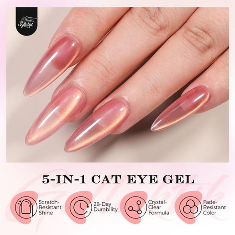 GELLAKTIK 5-in-1 Cat Eye Gel Polish Kit, 6PCS-7.5ml No Base/Top Coat Needed, All-in-One Formula, Beginner-Friendly Magnetic Nail Art Set with Magnet Sticks, Fast Curing for Home DIY Manicure