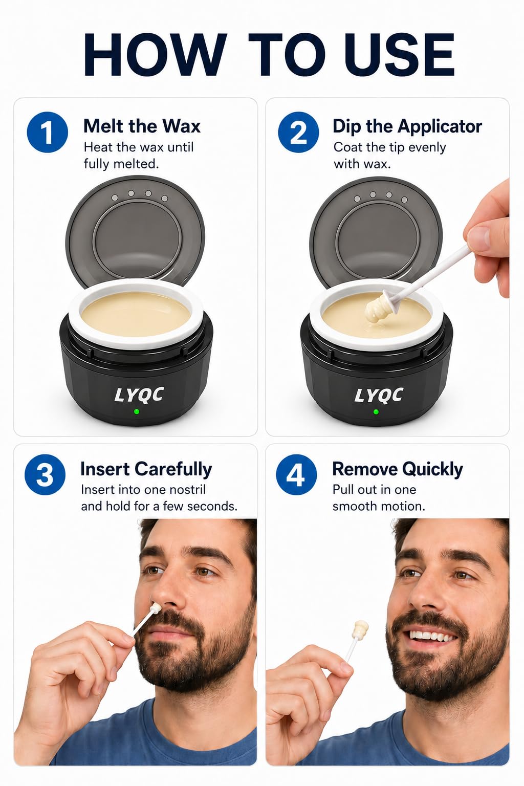LYQC Nose Wax Kit Men, Mini Wax Warmer for Nose Eyebrow Ear Hair Removal, waxing kit with USB Fast Heat，including 100g Beads & 30 Sticks，Portable wax machine, suitable for home travel use - black