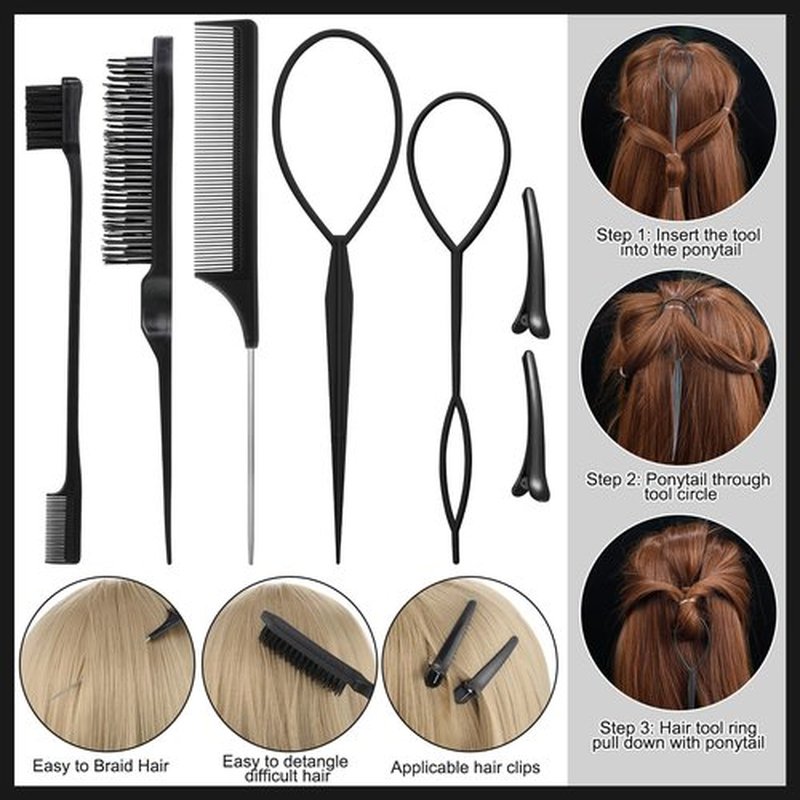 Slick Back Hair Brush with 1000pcs Hair Rubber Bands,Hair Wax Stick,Elastic Hair Ties,Rat Tail Comb for Women, Men and All,Curly Hair,Straight Hair