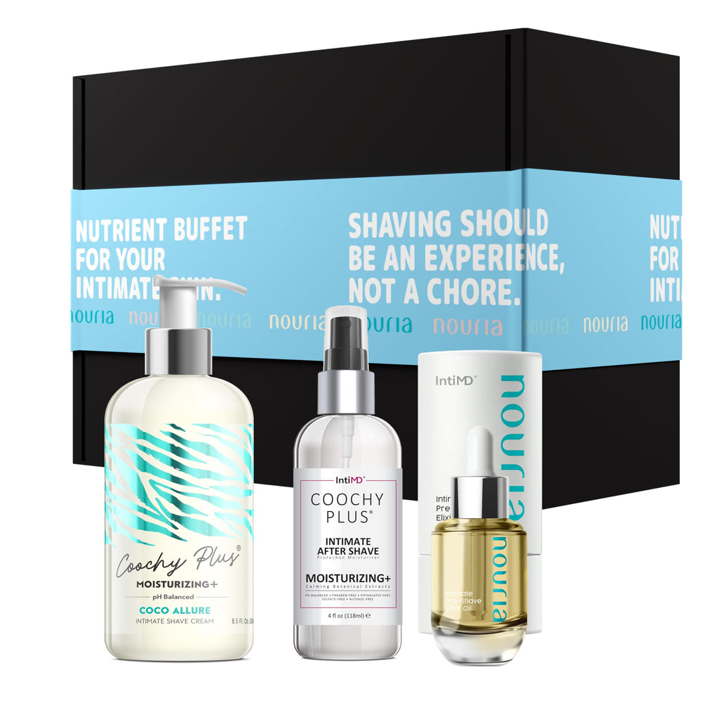 IntiMD Coochy Plus HydroLock Moisturizing+ 3-Steps Kit Intimate Shave Gift Set: Nouria Pre-Shave Elixir Oil + Coochy Plus Shave Cream Citrus Elixir + Coochy Plus After Shave Protection Mist