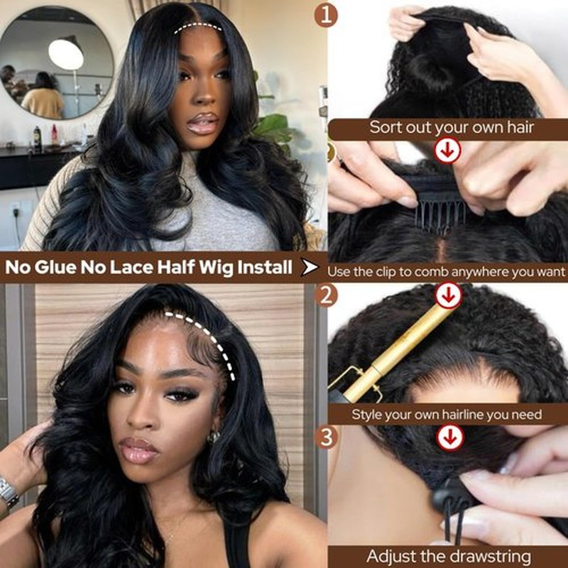 Body Wave Half Wig Human Hair 200% Density 3 In 1 Seamless Flip Over Glueless Wigs with Drawstring Beginner Friendly Headband Wig for Black Women Daily Wear 18inch
