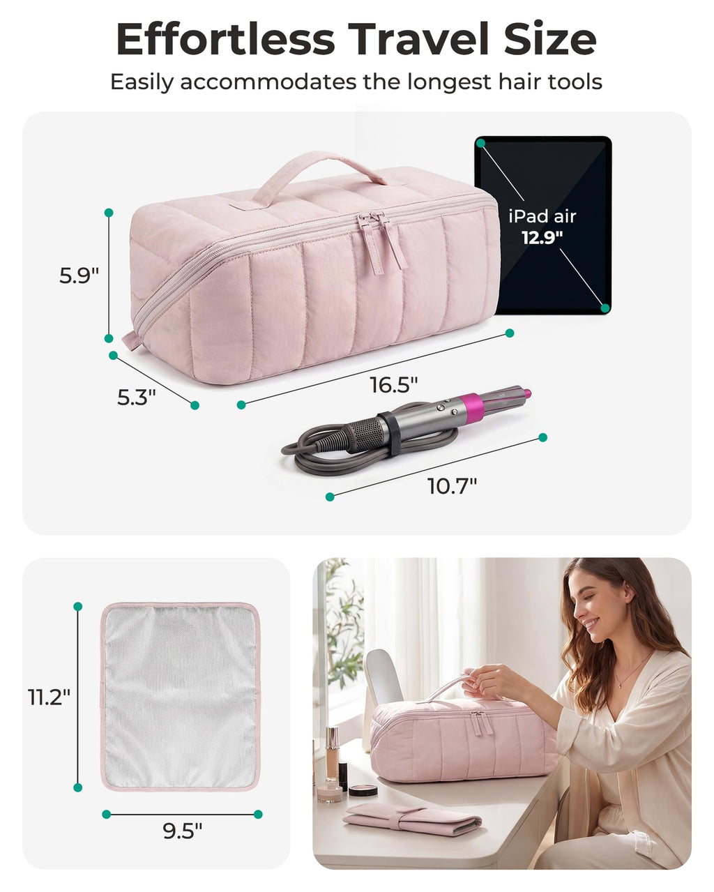 BAGSMART Hair Tool Organizer Travel Bag Compatible with Dyson Airwrap, Shark Hair Dryer, Wide-open Accessories Organizer with Heat Resistant Mat, Makeup Bag for Dyson Attachments, Curling Iron, Khaki