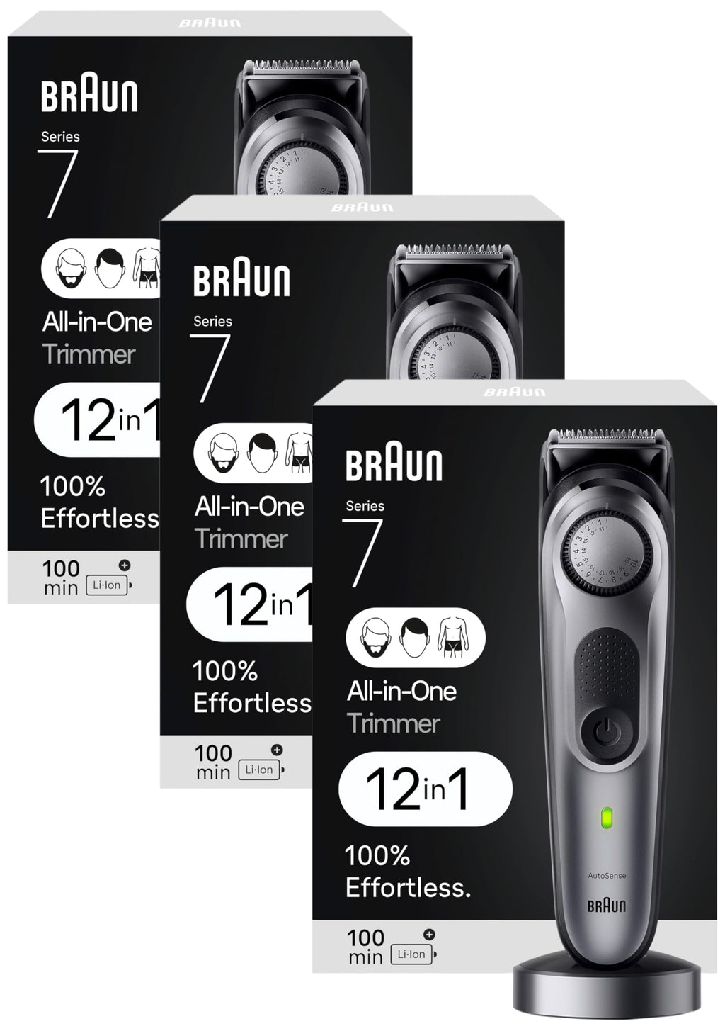 Braun All-in-One Men's Shaving Kit Series 7 7440, 12-in-1 Beard, Face, Nose, Ear Trimmer, Hair Clippers, Body Groomer and Manscaping + Travel Case + Charging Stand (Pack of 3)