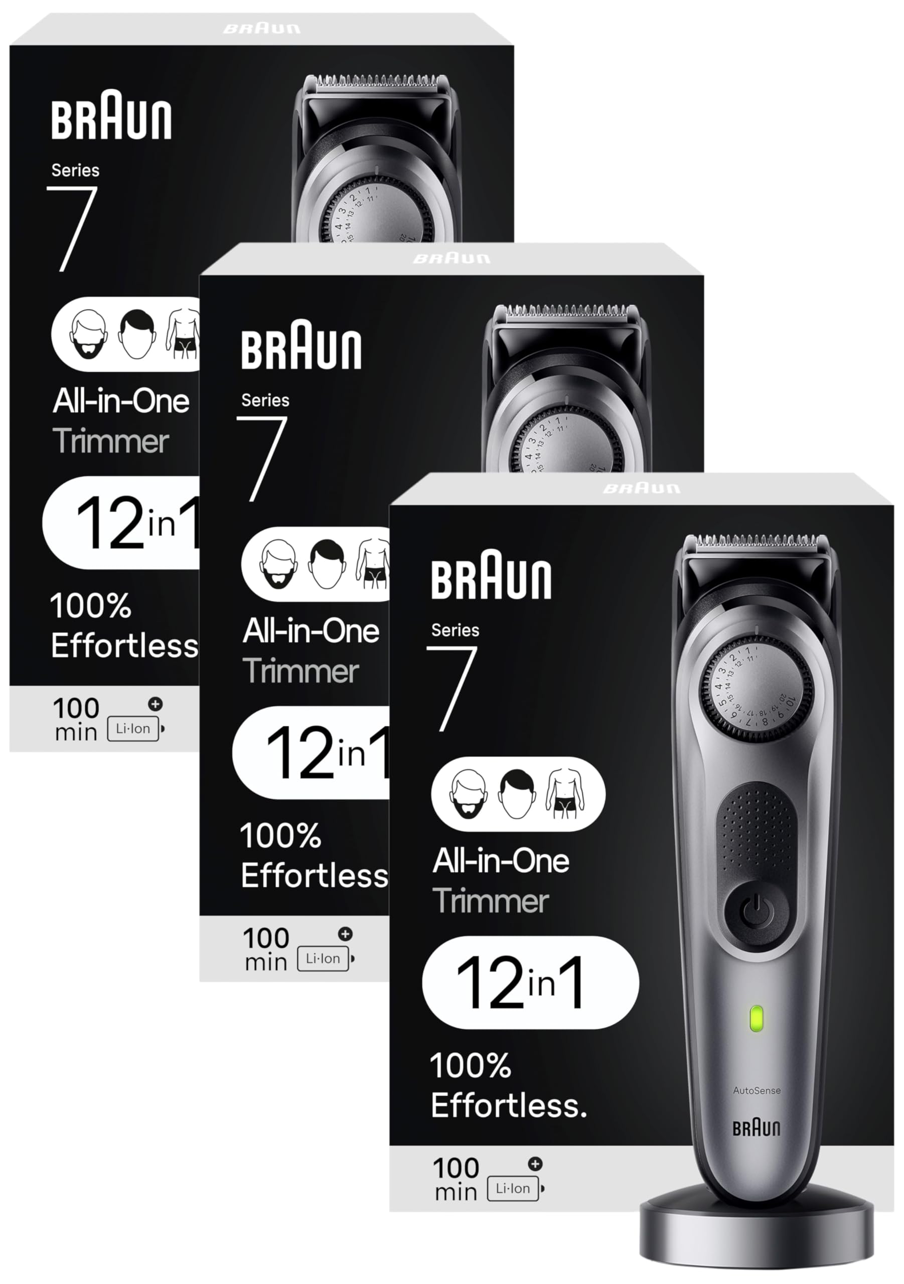 Braun All-in-One Men's Shaving Kit Series 7 7440, 12-in-1 Beard, Face, Nose, Ear Trimmer, Hair Clippers, Body Groomer and Manscaping + Travel Case + Charging Stand (Pack of 3)
