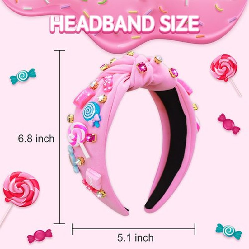 Candy Knotted Headbands for Women, Lollipop Sugar Charms Rhinestone Jeweled Wide Cute Headband for Girls, Fashion Hairband Hair Accessories Birthday Holiday Party Valentines Day Gifts for Her - Pink