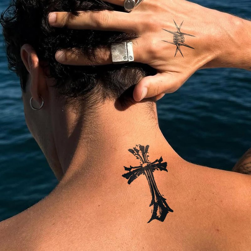 UBICA Semi Permanent Tattoos, 2 Sheets Tiny Realistic Temporary Tattoos for Men Hand Fingers, Fake Tattoo for Party, Waterproof No Reflective, Lasts 2 Weeks (Barbed Wire & Bat Cross Designs)