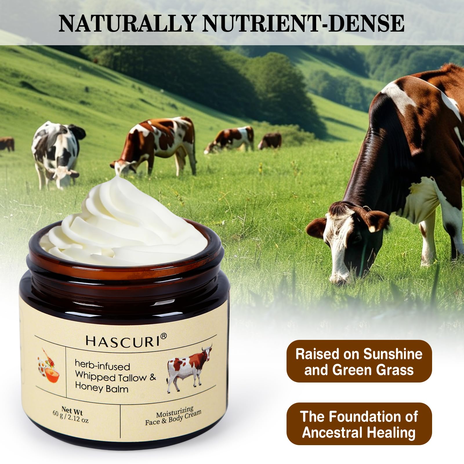 HASCURI Grass-Fed Whipped Tallow Balm - 100% Pure Beef Tallow Moisturizer for Face & Body - Rich in Vitamins E - Traditional Skin Food for Deep Hydration & Barrier Support - 2 oz