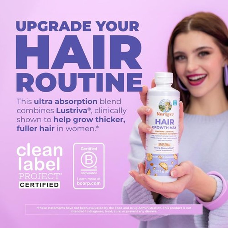 MaryRuth Organics Hair Growth MAX Liposomal - Lustriva® & Biotin 10000mcg | Thicker Hair & Skin Care | 15.22 Fl Oz