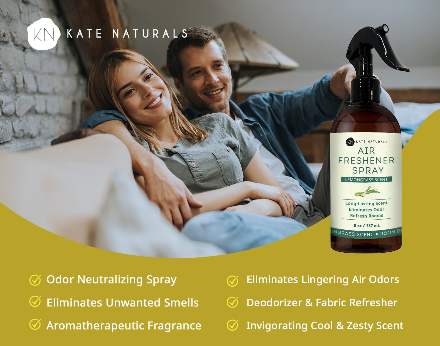 Kate Naturals Air Freshener Spray for Home. Lemongrass Essential Oil Odor Eliminator Room Freshener Spray for Pillows, Bedding, Linen (8 fl oz, Pet Safe, Non-Toxic)