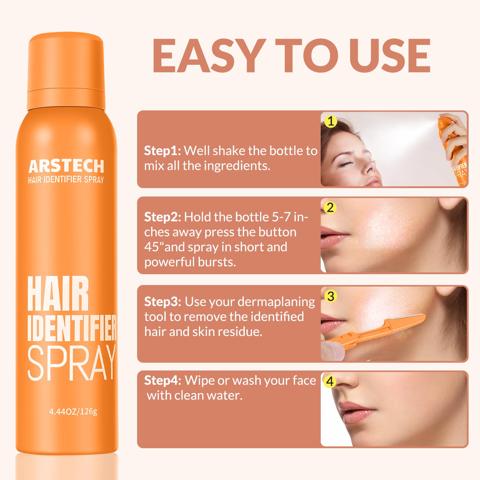 Hair Identifier Spray for Face Shaving Dermaplaning Tool Skin Body Dermaplane Spray for Women with 16 Face Razor Face Shaver Kit Facial Hair Removal Dermaplane Razor for Women Face (Orange 4 Pack)