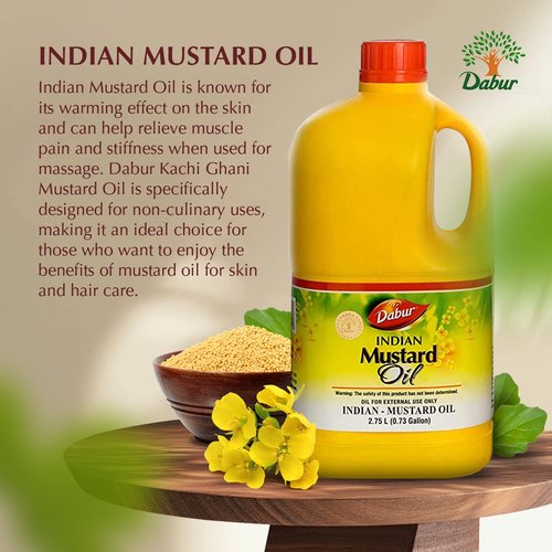Dabur Kachi Ghani Mustard Oil - Unrefined Therapeutic-Grade Oil from Mustard Seeds for Skin, Hair Care, and Body Massage, Cold-Pressed (2750 ml)