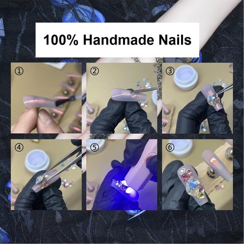 10Pcs(1Pack) Handmade Nails Press On Nails Long Square 33mm Rose Masquerade 3D Rose Pearl Mask Luxury Art Fake Nails Reusable Acrylic Stick On Nails for Women Wedding Party Daily Wear Size S
