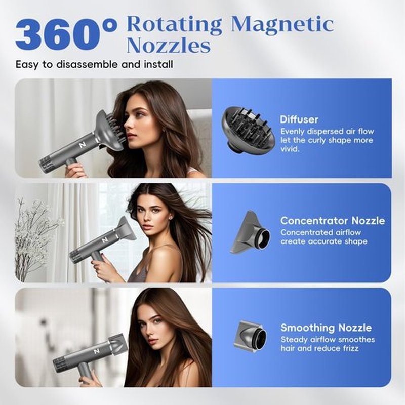 Natrial Ionic Professional Hair Dryer with Diffuser for Curly Hair,1600W&110000RPM High Speed Blow Dryer for Women,Fast Drying,Lock Function,Low Noise,Lightweight for Home Travel Salon,Gray