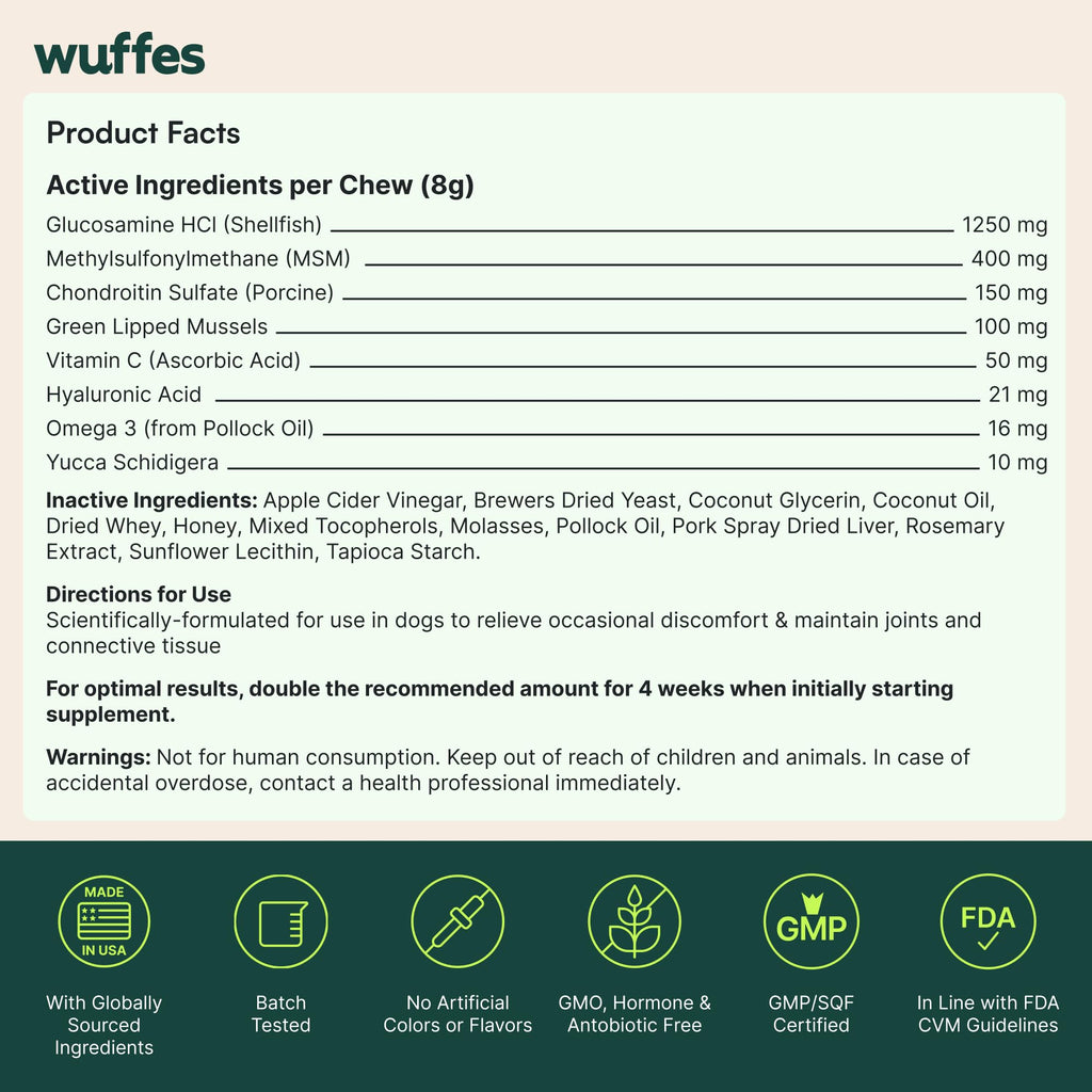 Wuffes Advanced Dog Hip and Joint Supplement with Glucosamine, Chondroitin, Omega 3, MSM, and Green Lipped Mussel, 30 Pork Flavored Chews for Large Dog Breeds