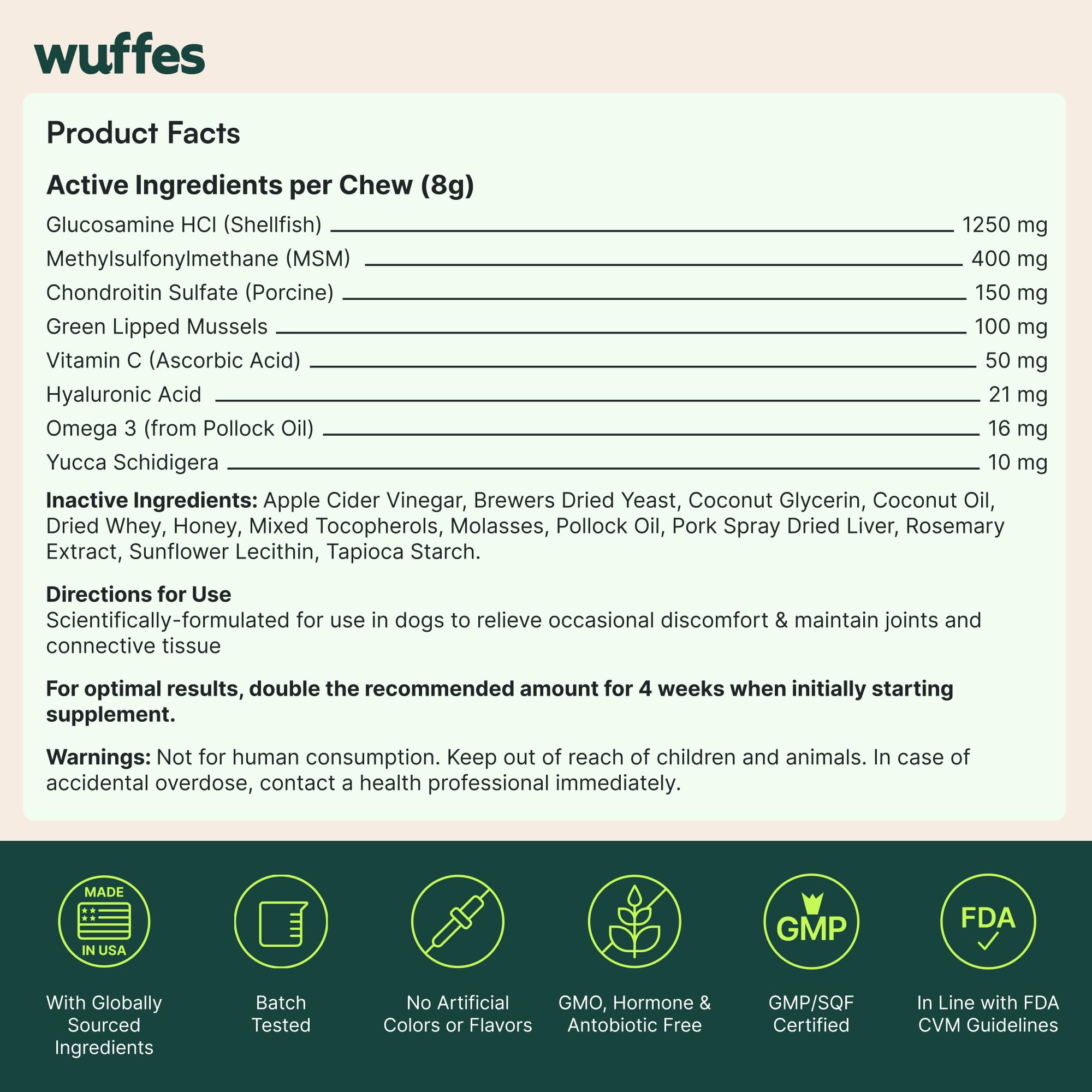 Wuffes Advanced Dog Hip and Joint Supplement with Glucosamine, Chondroitin, Omega 3, MSM, and Green Lipped Mussel, 30 Pork Flavored Chews for Large Dog Breeds