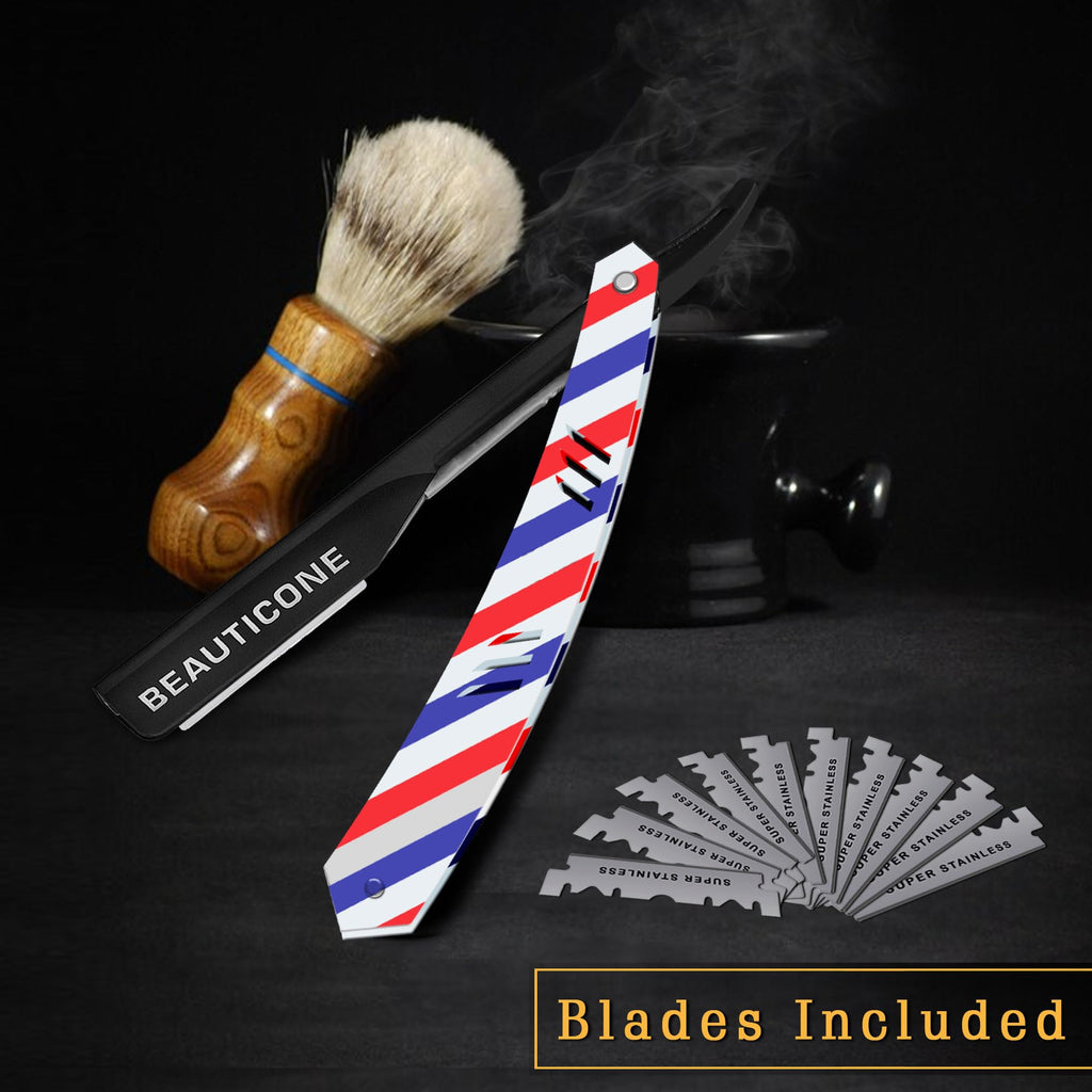 BEAUTICONE Barber Straight Razor for Men – Professional Shavette with Slide-Out Blade Holder, 100 Stainless Steel Blades Included, Cut Throat Razor, Pole Stripe