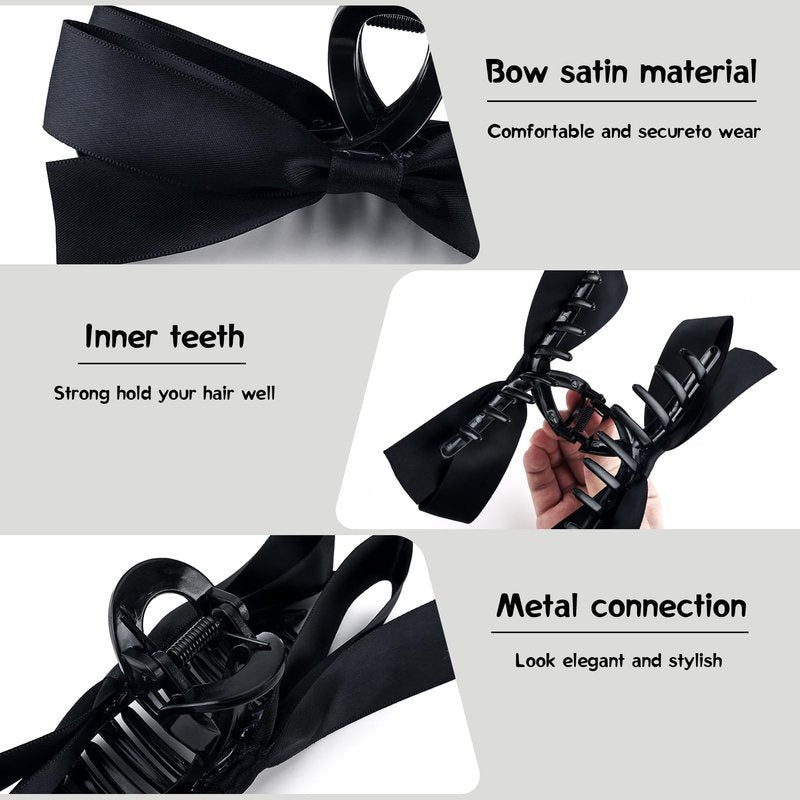 Zkptops 4Pcs Hair Claw Clips Bow Claw Clip for Women Girls Satin Claw Clamps Cute Large Bowknot Nonslip Jaw Barrettes with Tassel Hair Bow Claw Clip Accessories for Thin Thick Curly Hair (Black White)