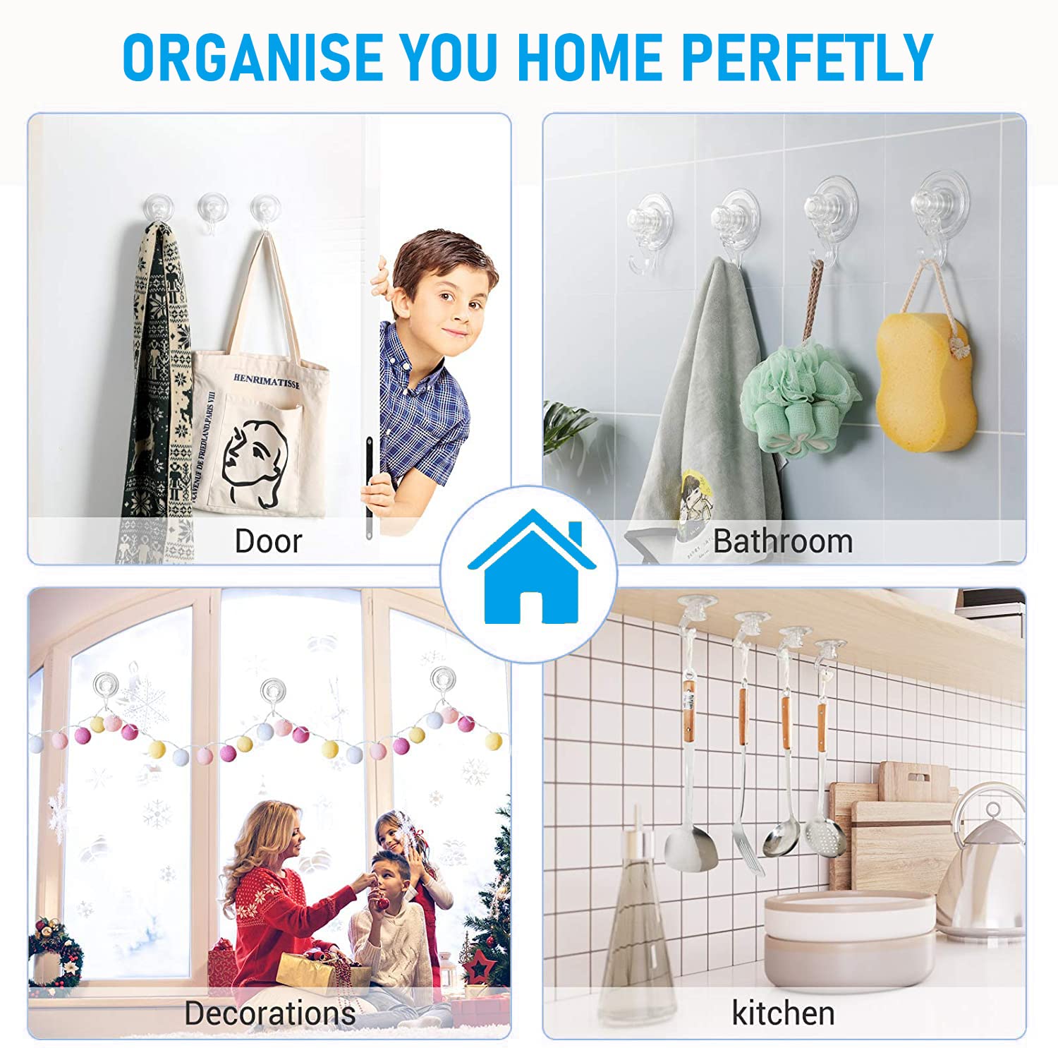 Quntis Suction Cup Hooks 4 Pack, Multi-Purpose Clear Shower Suction Hooks Waterproof Heavy Duty Wreath Hanger for Bathroom, Window, Towel, Shower Wall, Tile, Glass Door, Camper
