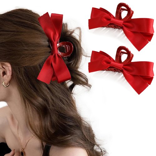 Sizobi Red Hair Bows Clips Satin Bow Claw Clip, Big Christmas Hair Bows Barrettes Hair Accessories for Women Girls 2pcs, Large Red Bow for Thin Thick Curly Hair