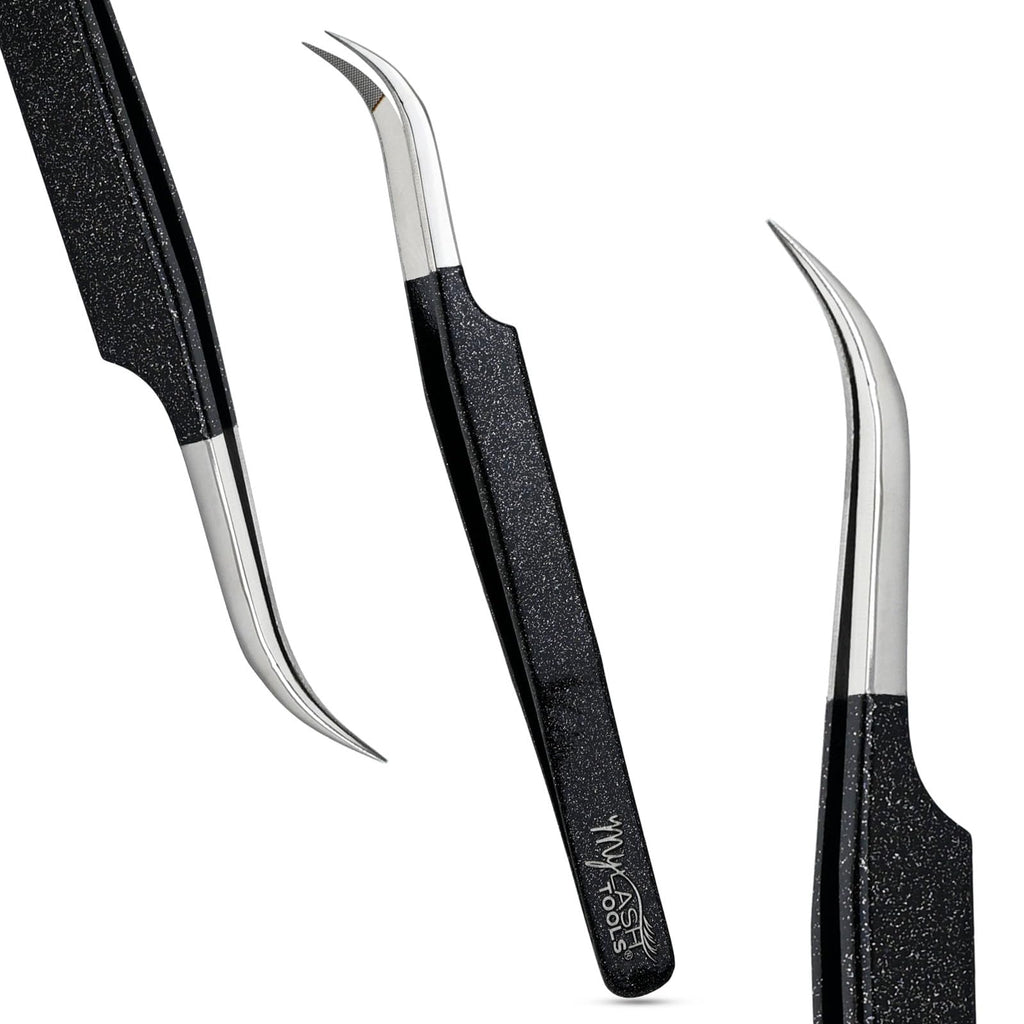 My Lash Tools Curved Classic Fiber Tip Lash Tweezers – 12cm Eyelash Extension Tweezer with Fine Curved Nano Grip Tip, Stainless Steel, Non-Slip Handle (Black)