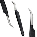 My Lash Tools Curved Classic Fiber Tip Lash Tweezers – 12cm Eyelash Extension Tweezer with Fine Curved Nano Grip Tip, Stainless Steel, Non-Slip Handle (Black)