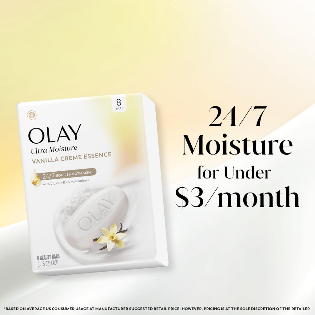 Olay Beauty Bar, Ultra Moisture,10x More Moisturizers, 24/7 Soft & Smooth Skin, Gentle Cleanse on Face & Body, Vitamin B3 Complex, For All Skin Types, Vanilla Crème Scent, 3.75 oz, (Pack of 8)