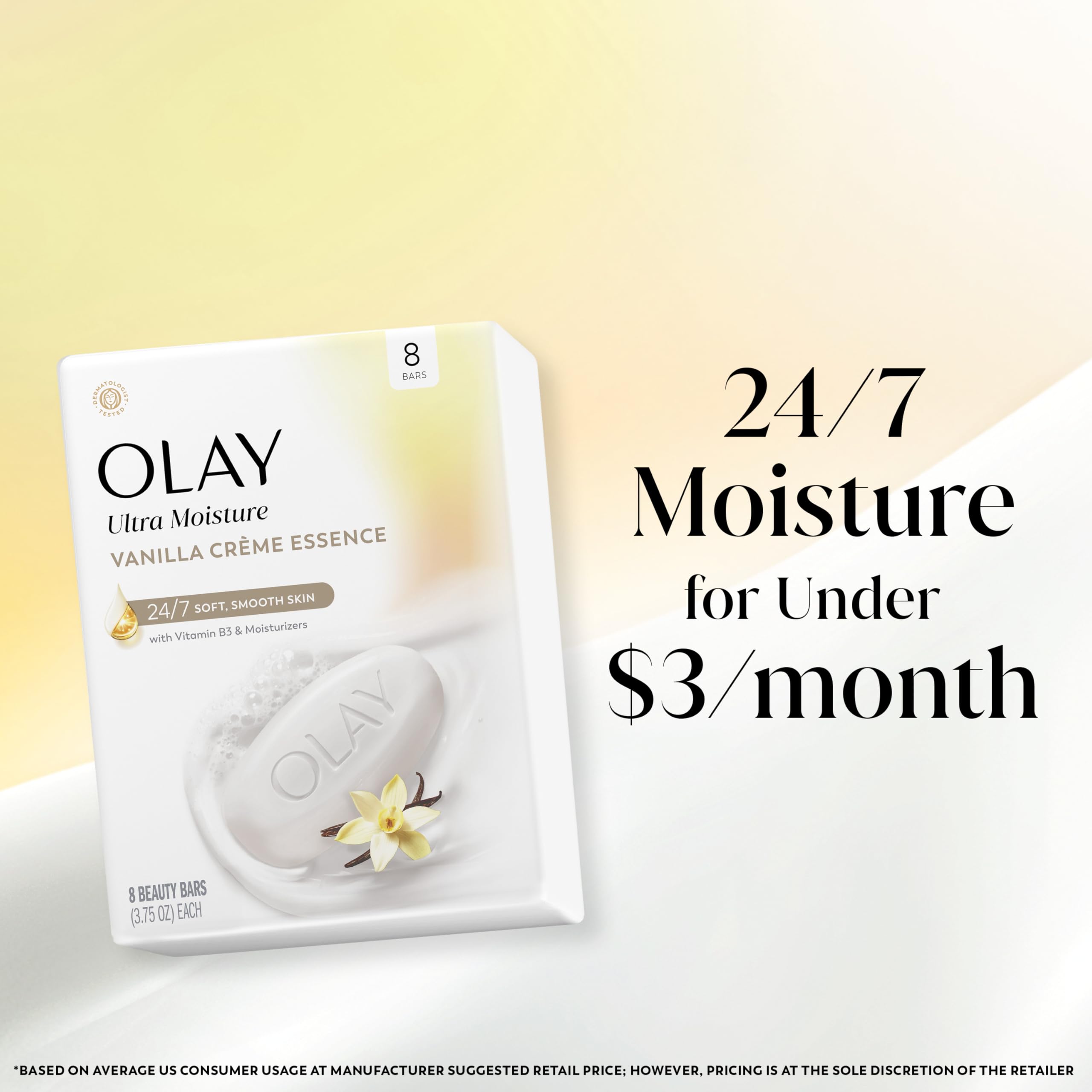 Olay Beauty Bar, Ultra Moisture,10x More Moisturizers, 24/7 Soft & Smooth Skin, Gentle Cleanse on Face & Body, Vitamin B3 Complex, For All Skin Types, Vanilla Crème Scent, 3.75 oz, (Pack of 8)