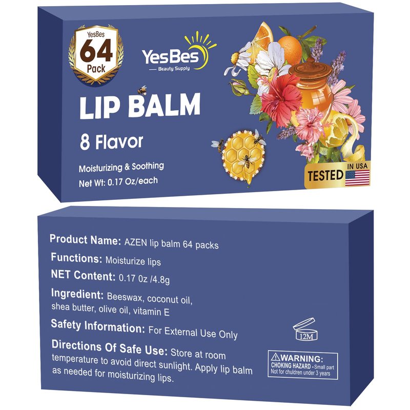 YesBes 64 Pack Lip Balm, Natural Lip Balm Bulk with Vitamin E and Coconut Oil, Moisturizing Lip Balms for Dry Cracked Lips, Lip Balms for Valentines Gifts Stocking Stuffers - 8 Flavors