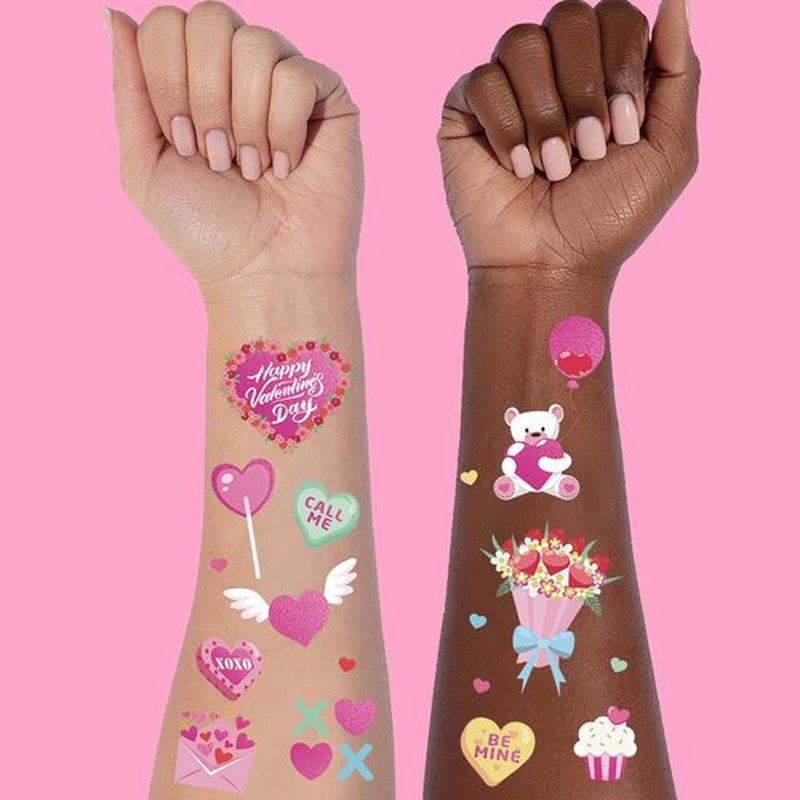 Ovasorve Valentine's Day Temporary Tattoos 68 Styles V-Day Hot Pink Foil Tattoos Galentines Day Decoration Be Mine Party Favor Valentines Candy Heart Supplies Classroom Exchange Prizes