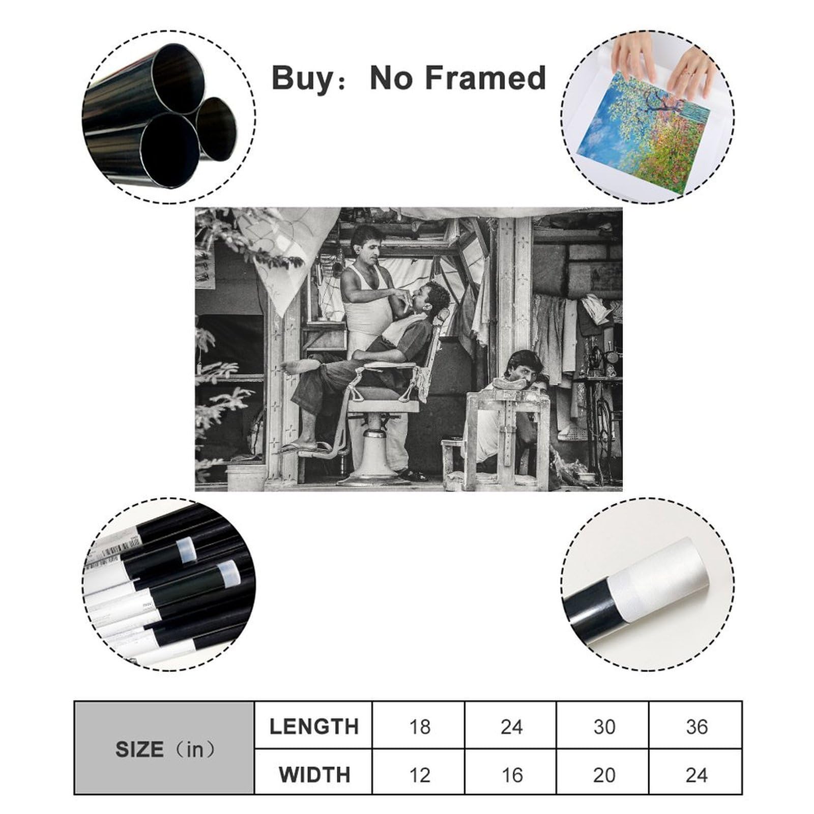 Vintage Monochrome Street Barber Barber Shop Black And White Photo Classic Posters Prints Wall Art Home Decor Canvas Painting Suitable for Bedroom Living 12x08inch(30x20cm) Unframe-style