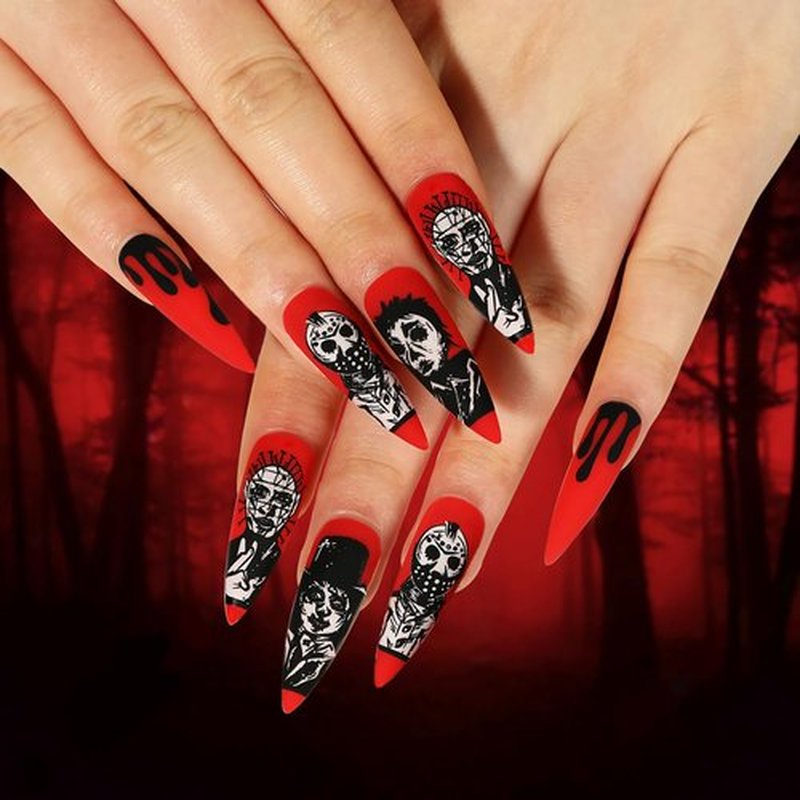 MABKJLF Halloween Press on Nails Long Stiletto French Fake Nails Scary Skull Skeleton Red Full Cover Gothic Nails Black Blood Matte Glue on Nails Acrylic Nails Artificial Nails for Women Girls 24 Pcs