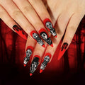 MABKJLF Halloween Press on Nails Long Stiletto French Fake Nails Scary Skull Skeleton Red Full Cover Gothic Nails Black Blood Matte Glue on Nails Acrylic Nails Artificial Nails for Women Girls 24 Pcs