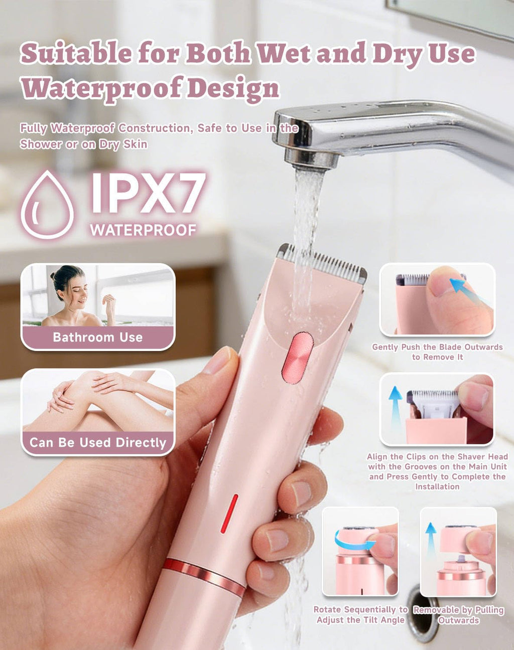 Dermavel Trimmer 2.0 Women, Ergonomic 2-in-1 Body & Facial Hair Trimmer, Luxury Skin Gentle Electric Razor, Waterproof Rechargeable Grooming Shaver for Smooth, Effortless Results, Skin Care (Pink)