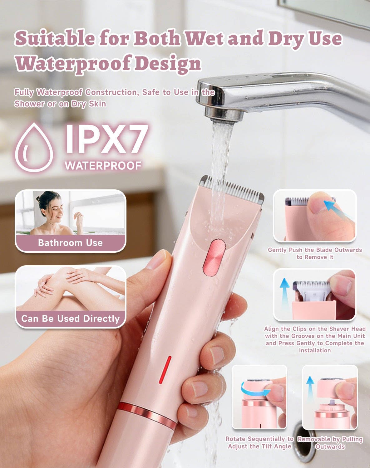 Dermavel Trimmer 2.0 Women, Ergonomic 2-in-1 Body & Facial Hair Trimmer, Luxury Skin Gentle Electric Razor, Waterproof Rechargeable Grooming Shaver for Smooth, Effortless Results, Skin Care (Pink)