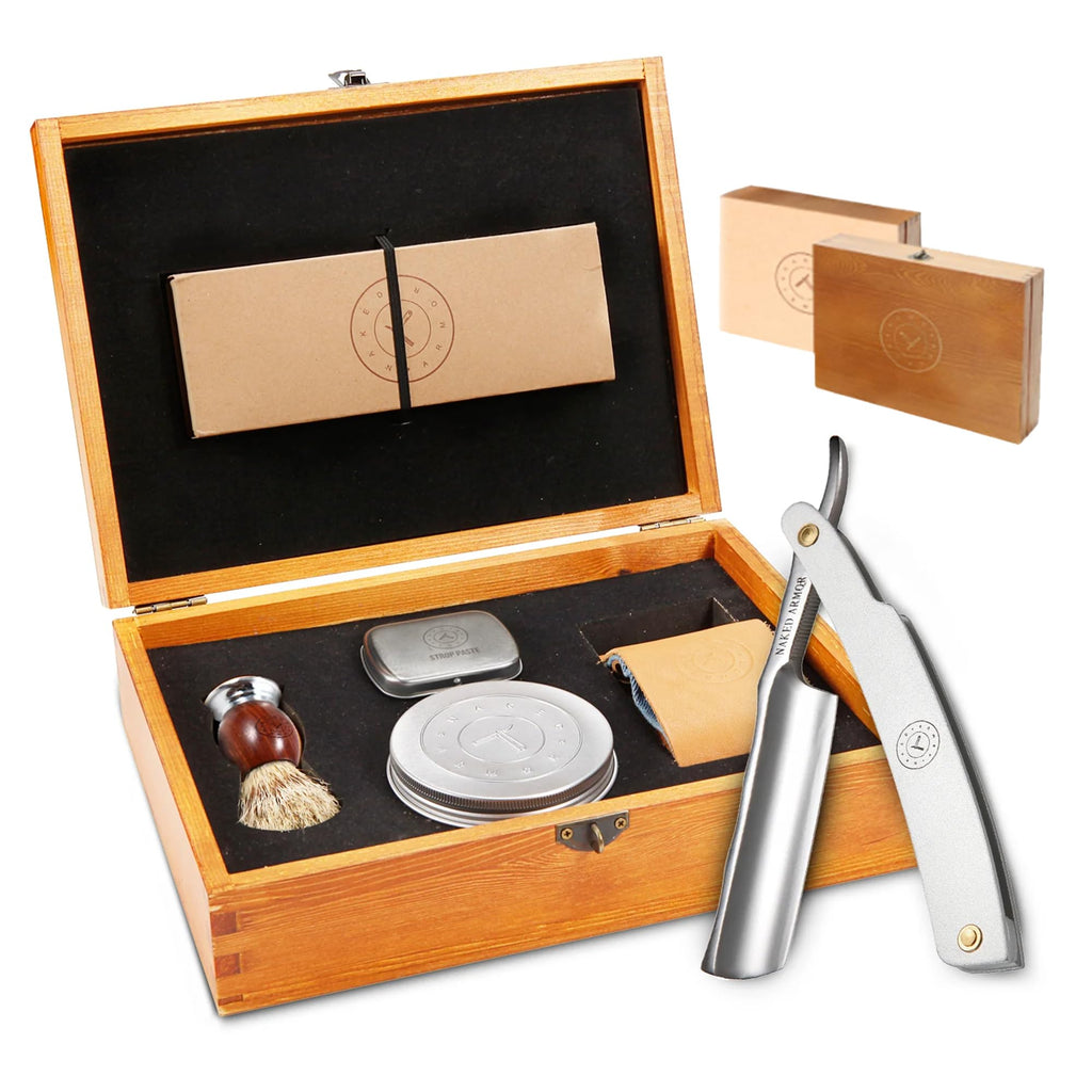 Naked Armor Merlin Straight Razor Kit, Straight Razor Shaving Kit for Men with Japanese Stainless Steel 7/8 Blade, Leather Strop, Shave Soap, Shaving Brush, Strop Paste, Leather Case, Gift Box, Silver