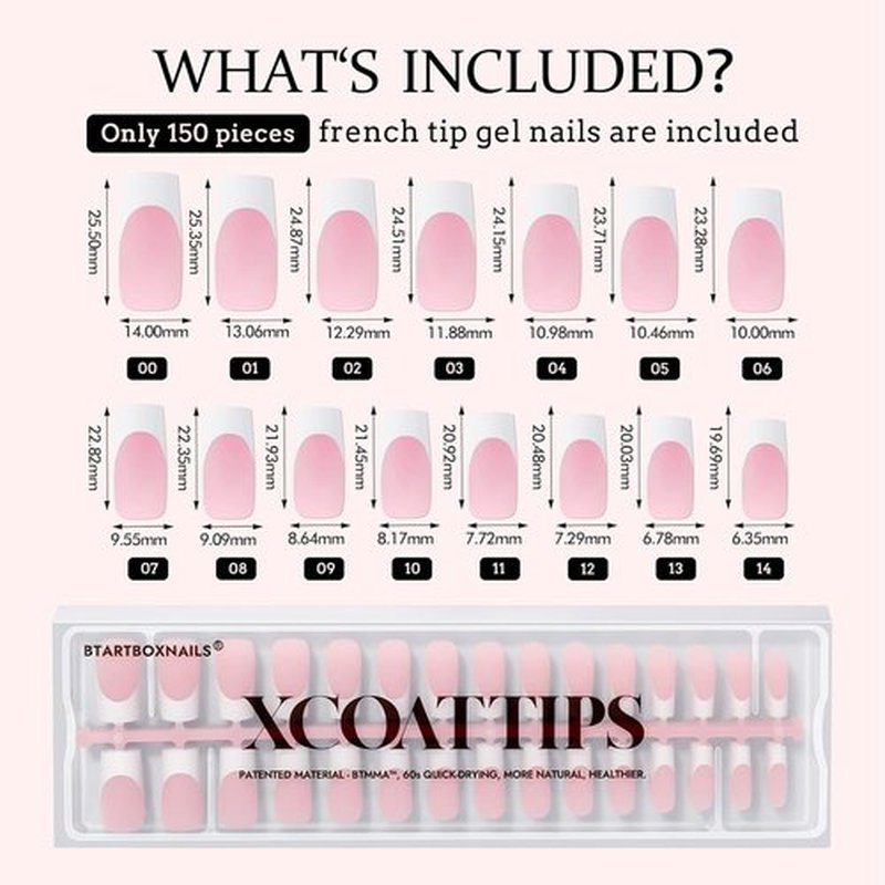 BTArtbox French Tip Press-On Nails - White & Pink Long Square Soak-Off Acrylic Extensions