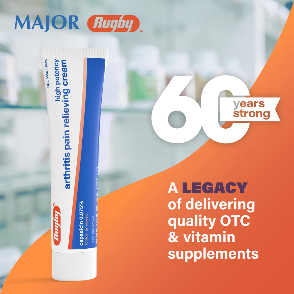 Rugby High Potency Capsaicin 0.075% Cream - Pain Relief Cream for Arthritis - 2 Oz (57g), (1 Pack)