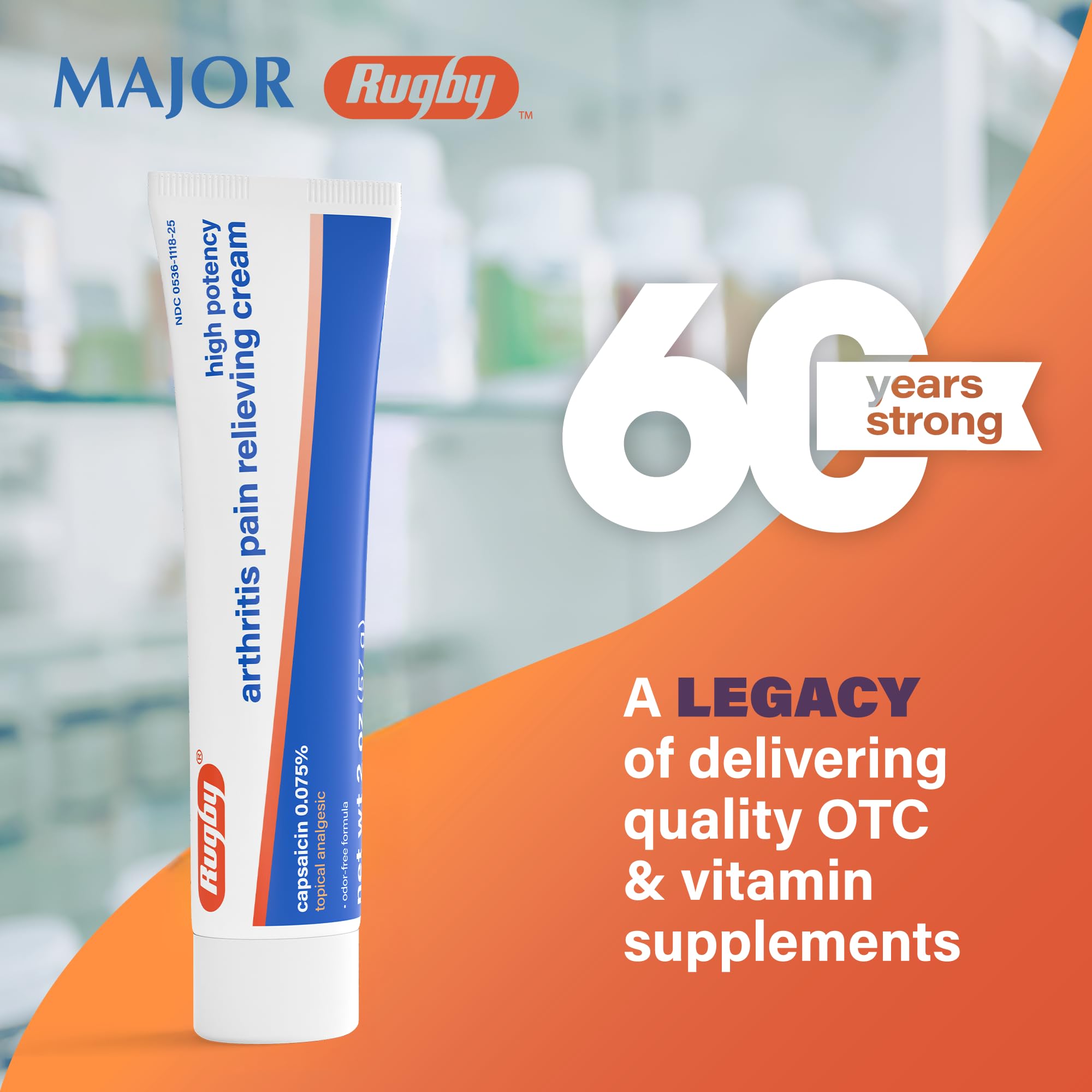 Rugby High Potency Capsaicin 0.075% Cream - Pain Relief Cream for Arthritis - 2 Oz (57g), (1 Pack)