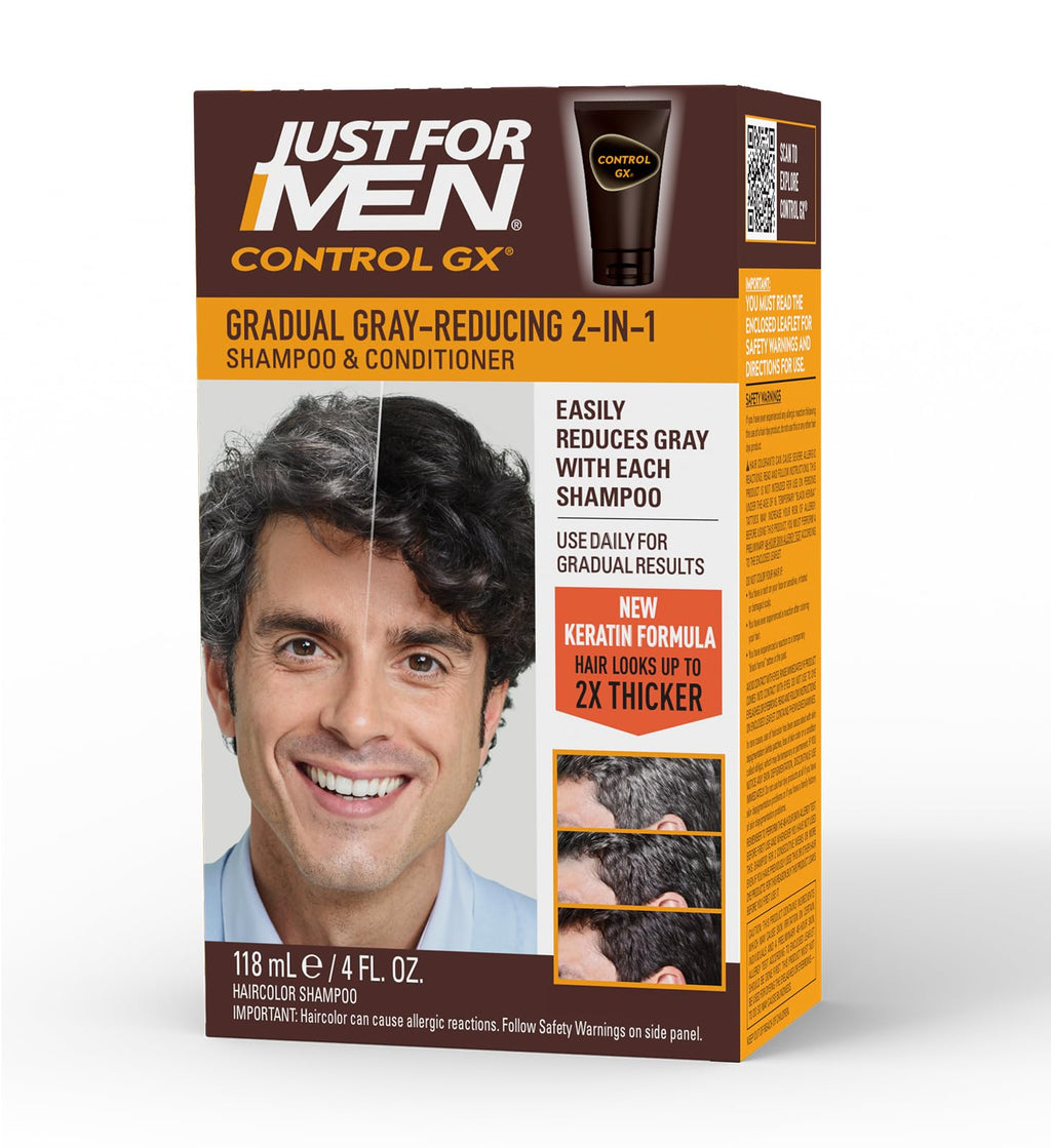 Just for Men Control GX Grey Reducing 2-in-1 Shampoo and Conditioner, Gradual Hair Color with Keratin for Stronger Thicker and Healthier Looking Hair, 4 Fl Oz - Pack of 1