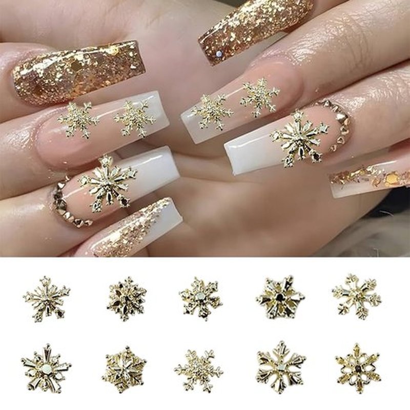 44Pcs Christmas Nail Art Charms for Acrylic Nails, Gold Silver Snowflakes Nail Charms 3D Alloy Snowflake Nail Rhinestones Luxury Winter Nail Gems Jewelry for Women DIY Christmas Manicure Decorations
